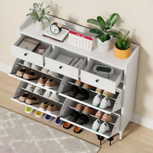 English Elm Metal Powder Coated Steel Shoe Cabinet Slim Entryway Organizer with Seven Drawers White T2398P413026