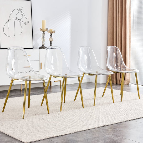 English Elm Modern Transparent Dining Chair Set of 4 - Nordic Armless Crystal PET Seats with Gold Plated Metal Legs, Ergonomic Comfort and Easy Assembly W1512P390007