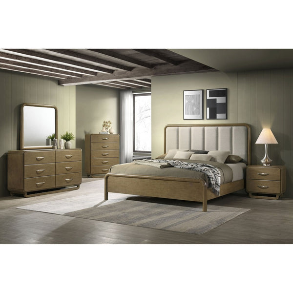 English Elm Bernardo Eastern King Panel Bed with Boucle Headboard in Warm Nutmeg Finish B062S01776