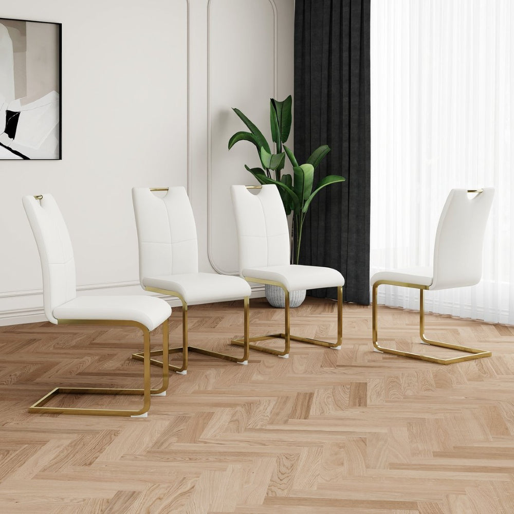 English Elm Modern Faux Leather Dining Side Chairs with Chrome Legs Ergonomic Set of 2 White+Gold W210127295