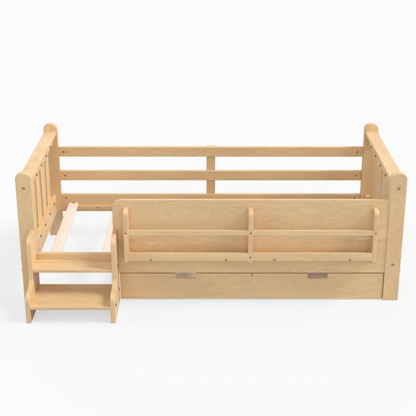 English Elm Twin Pine Floor Bed with Guardrails Built-in Bookcases and Stair Steps for Kids Light Natural W1580P430201