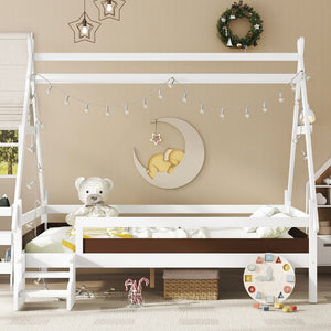 English Elm Twin House Shaped Platform Bed Solid Pine Frame with Built in Stairs for Kids Light White W1580P354720