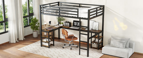 English Elm Metal Twin Xl Loft Bed with L Shaped Desk Wardrobe and Storage for Teens W1580S00065