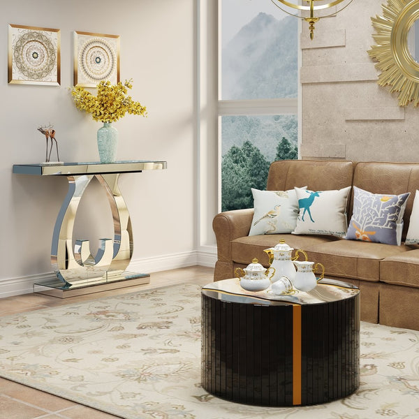 English Elm Black Round Mirrored Glass Coffee Table Gold Sunburst Glam Accent for Living Room Black W3836P382373