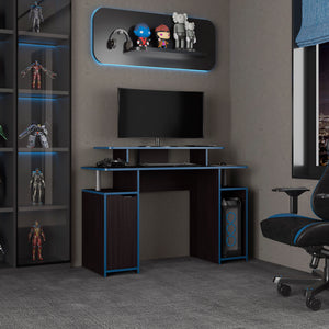 English Elm Keria 47" Gamer Desk with 2 Tiers, Three Shelves & PC Tower Stand — Black MDF, Blue Accent Trim B200P335322