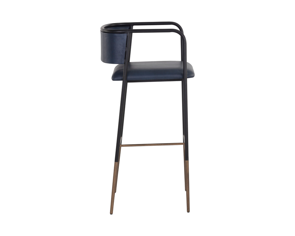 Sunpan Brenan Counter Stool - Elegant Curved Backrest, Unique Faux Leather, Black Metal Frame & Brass Caps Bravo Admiral