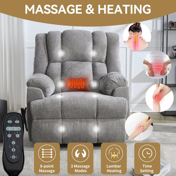 English Elm Dual Motor Power Lift Recliner Chenille Chair with Massage Heat and Infinite Positions Light Gray W3224P288433
