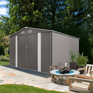 English Elm 10x12ft Galvanized Steel Outdoor Storage Shed with Vented Windows and Lockable Doors W3213S00002