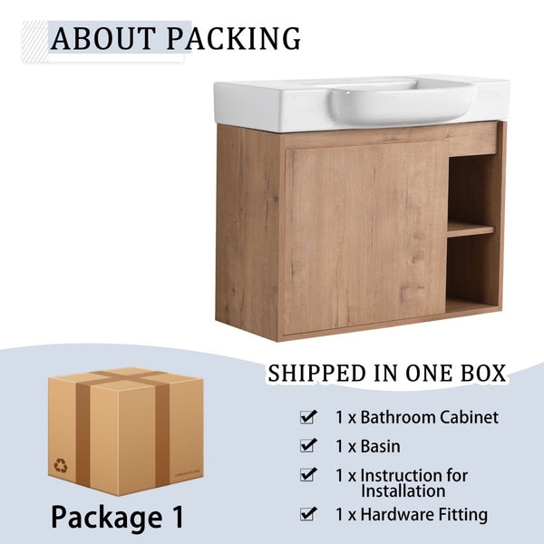 English Elm 28'' Floating Bathroom Vanity with Ceramic Sink Soft Close Door Melamine Cabinet Imitative Oak W999P426637