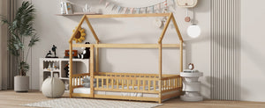 English Elm Twin Size House Floor Bed With Roof Frame & Safety Guardrails - Cozy & Imaginative Playtime Haven W504P286404-GIGA