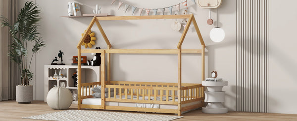 English Elm Twin Size House Floor Bed With Roof Frame & Safety Guardrails - Cozy & Imaginative Playtime Haven W504P286404-GIGA