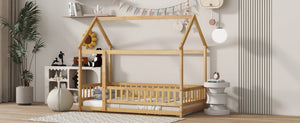 English Elm Twin House Frame Floor Bed Rubberwood with Roof Canopy and Safety Rails for Kids Natural W504P429345