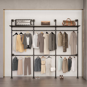 English Elm Industrial Pipe Clothing Rack Reversible 118.3" Heavy-Duty Garment & Walk-In Wardrobe with LED Lights, Shelves and Wall-Mount Stability W1820P214612