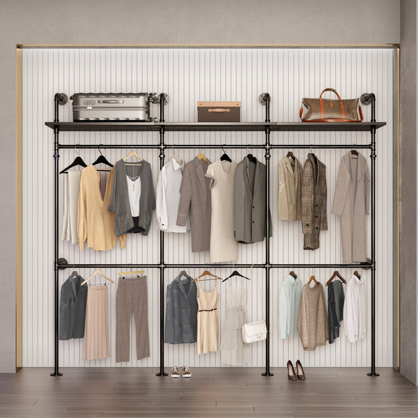 English Elm Industrial Pipe Clothing Rack Reversible 118.3" Heavy-Duty Garment & Walk-In Wardrobe with LED Lights, Shelves and Wall-Mount Stability W1820P214612