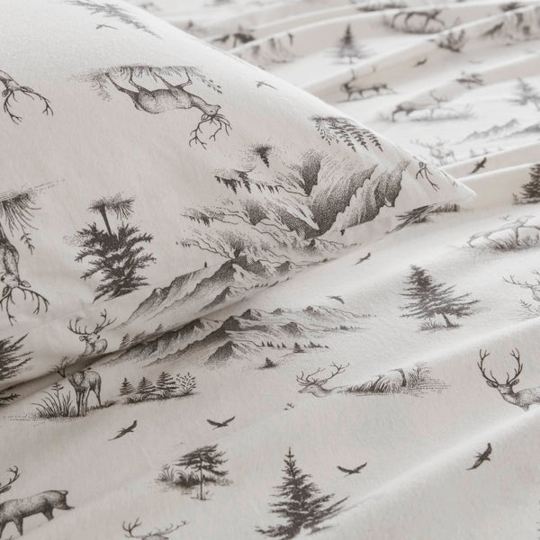 English Elm 3 Pcs Cozy Twin Sheet Set - Gray Deer Toile Pattern, Soft 100% Cotton Flannel For Year-Round Comfort B035P319771
