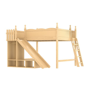 English Elm Queen Solid Pine Loft Bed with Wardrobe Shelves Detachable Slide and Dual Sleeping Zones Natural W5305S00027