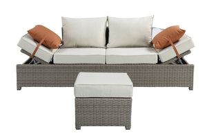 English Elm Salena Gray+Beige All-Weather Wicker Patio Sofa & Ottoman with 2 Toss Pillows, Foam Cushions, No-Assembly B2726P245456