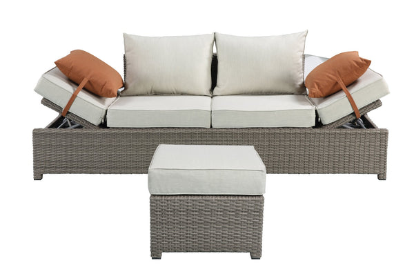 English Elm Salena Gray+Beige All-Weather Wicker Patio Sofa & Ottoman with 2 Toss Pillows, Foam Cushions, No-Assembly B2726P245456