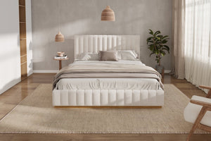 English Elm King Upholstered Bed Linen Channel Stitch Tall Headboard Solid Wood Slatted Base N757K339014I