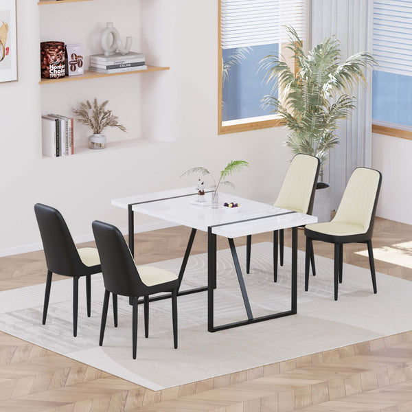 English Elm 55 Modern 4-Person MDF Dining Table Set with Sturdy Black Metal Legs and Padded PU Chairs for Families Beige+Black,White W2189S00731