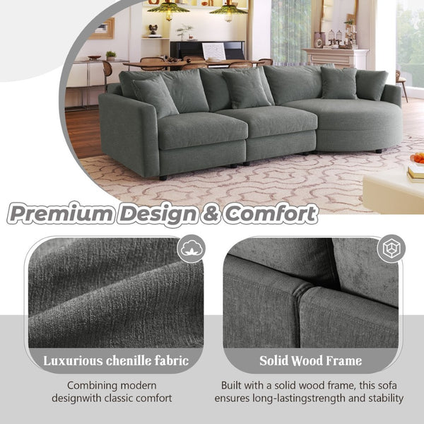 English Elm U_style Chenille Sectional Sofa with Curved Chaise Pine Frame and Three Accent Pillows Grey WY000461AAE