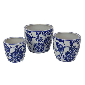 English Elm Garden Ceramic Planter Trio Hand Painted Floral Glazed Japanese Style Home Decor Set White+Blue B056P412621
