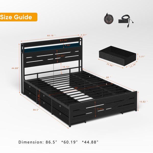 English Elm Queen-size Storage Platform Bed with Led Headboard 12 Drawers and Charging Station Black W5026P404146