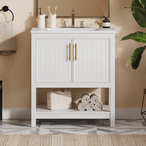 English Elm 30-Inch White Bathroom Vanity With Ceramic Sink - Stylish Storage Solution For Small Spaces! WF325888AAK