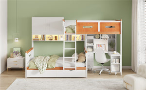 English Elm Twin Over Full Wooden Bunk Bed With Desk, Storage Drawers, Shelves & Led Lights - Stylish & Functional N820S00064K-GIGA