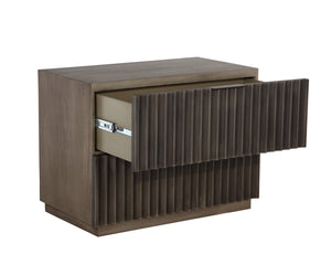 Sunpan Carlin Nightstand - Bold Mango Wood Design with Sculpted Drawers and Modern Aluminum Handles Taupe