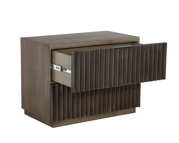 Sunpan Carlin Nightstand - Bold Mango Wood Design with Sculpted Drawers and Modern Aluminum Handles Taupe