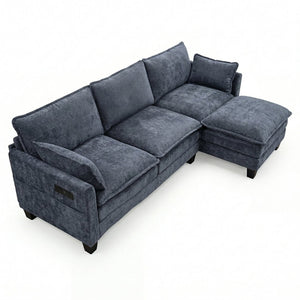 English Elm Modern Chenille Three Seat Sofa with Ottoman Usb Charging Ports and Storage Pockets Blue W2519S00004