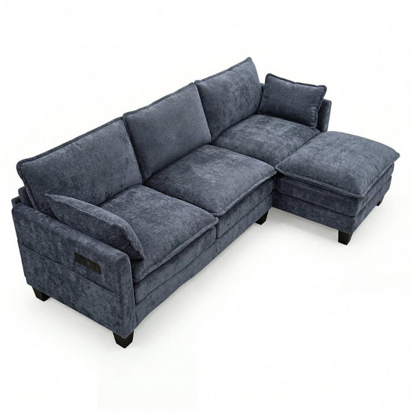 English Elm Modern Chenille Three Seat Sofa with Ottoman Usb Charging Ports and Storage Pockets Blue W2519S00004