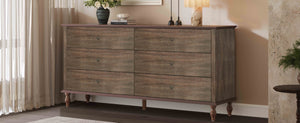 English Elm 6-drawer Wide Dresser Burnt Wood Grain Finish Copper Handles Roman Column Legs Bedroom Deep Rustic Brown W1445S00003