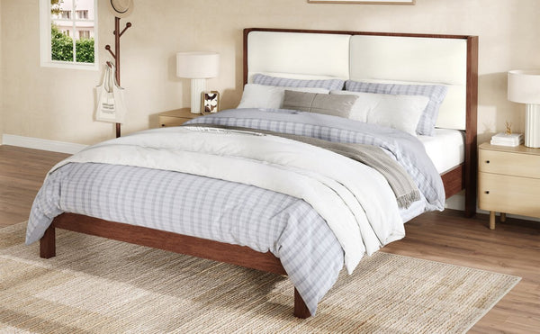English Elm Solid Wood Queen Platform Bed Velvet Tufted Headboard Architectural Slat Design Espresso N7090000742P