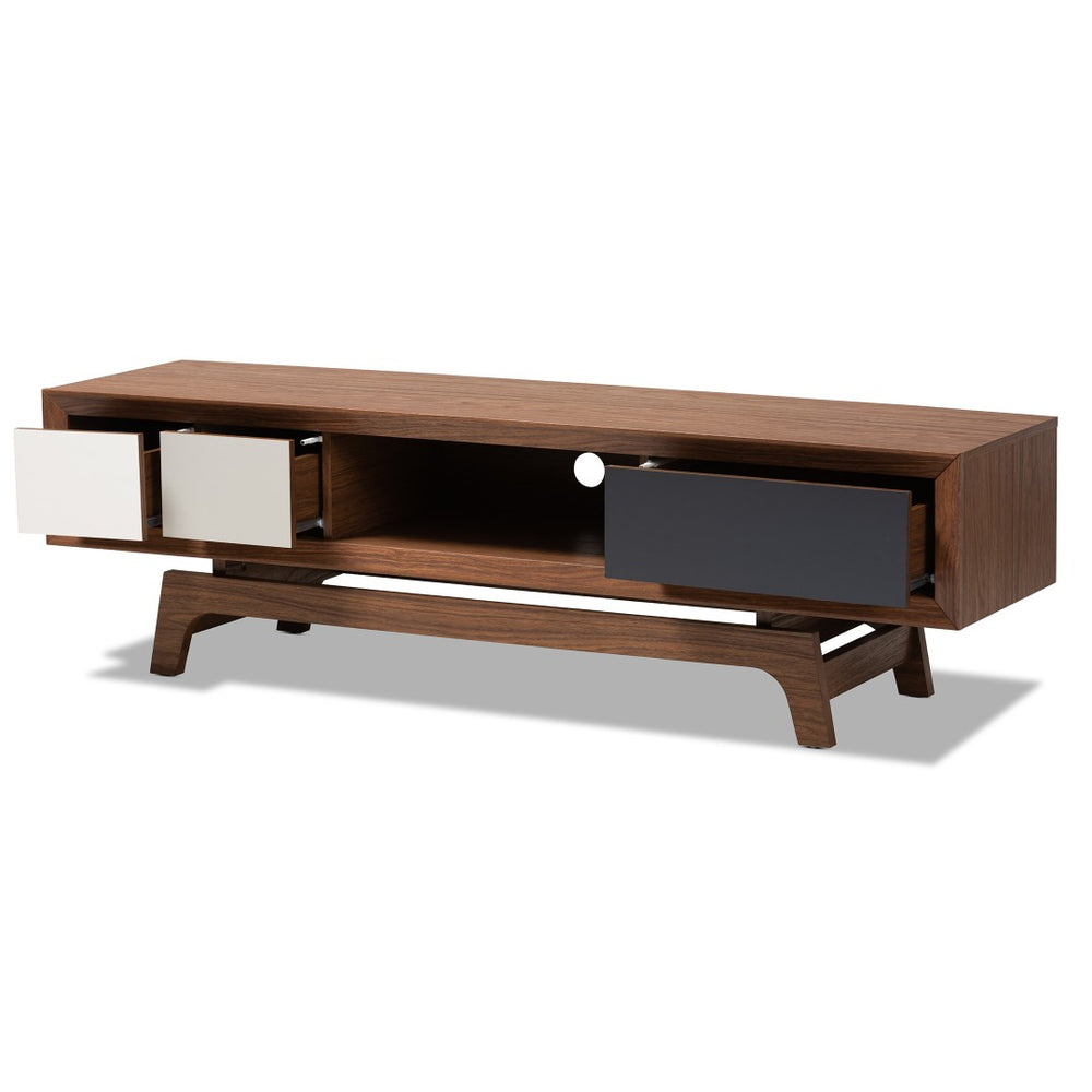 Baxton Studio Baxton Svante Mid-Century Modern 3-Drawer TV Stand with Stylish Walnut Finish and Cable Management WI1701-Walnut/White/Grey-TV