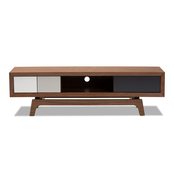 Baxton Studio Baxton Svante Mid-Century Modern 3-Drawer TV Stand with Stylish Walnut Finish and Cable Management WI1701-Walnut/White/Grey-TV