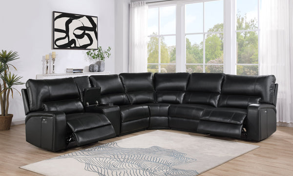 English Elm Saul Black Faux Leather Power Recliner Sectional with USB Ports, Cupholder Console & Storage - Sleek Comfort B2726S00121