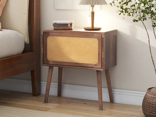 English Elm Rotating Rattan Nightstand Push Open Hidden Storage Mid Century Wood Leg Bedside Walnut N761P288451N