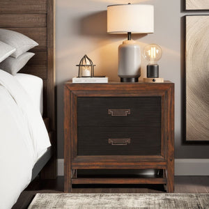 English Elm Two-Drawer Nightstand Rustic Buckeye & Black Finish with Felt-Lined Drawer, Antique Brass Hardware, Fully Assembled and Phone Charging Ready B108P163825