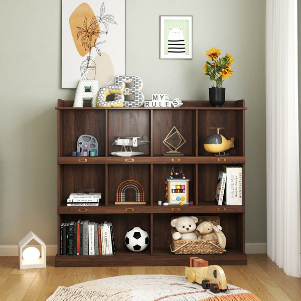 English Elm 10-shelf Walnut Bookcase with 10 Cubby Storage, Label Slots, Top Display Shelf, Durable Melamine Finish W331P236404