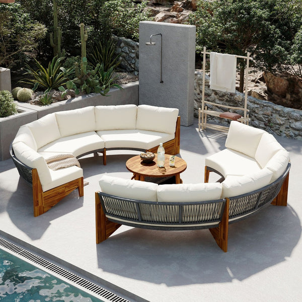 English Elm U_style Circular Patio Sofa Set Pp Rope Woven Steel Frame Acacia Wood Resort Lounge Beige WY000468AAA