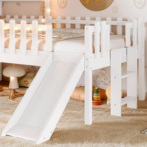 English Elm Twin Playhouse Loft Bed Solid Pine Frame with Slide Led Lights and Star Roof White W5316S00001