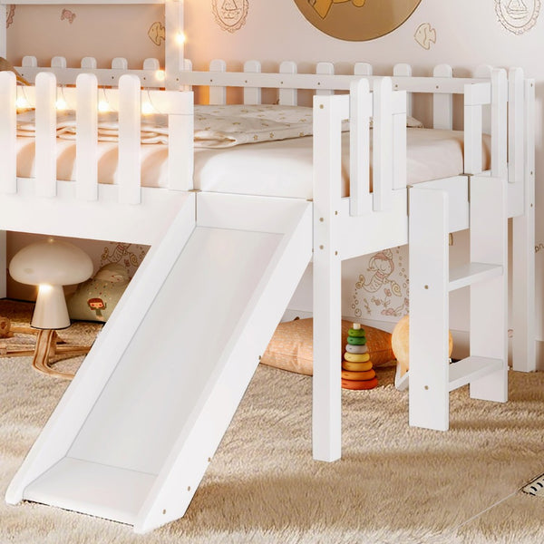 English Elm Twin Playhouse Loft Bed Solid Pine Frame with Slide Led Lights and Star Roof White W5316S00001