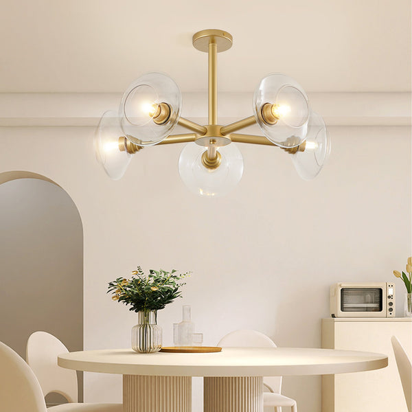 English Elm 26" Modern Gold 5-Light Sputnik Chandelier with Clear Glass Shades, Mid-Century Pendant for Dining W1340P233172