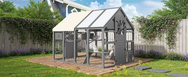 English Elm Large Walk-in Pine Wood Catio Enclosure with Platforms Resting Boxes and Planter Grey N704G201618E