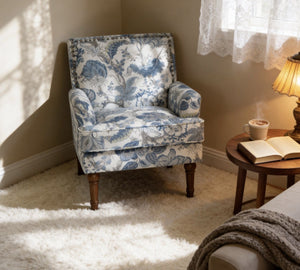 English Elm Accent Slipper Chair Botanical Tapestry Upholstery Nailhead Trim Solid Wood Legs Farmhouse Blue W5568P445699