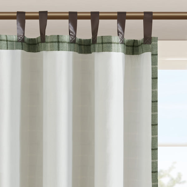 JLA Home Madison Park - Plaid Charcoal Fleece-Lined Tab Top Curtain Panel — Faux Leather Trim, Thermal Privacy, Machine-Washable Green MP40-8297