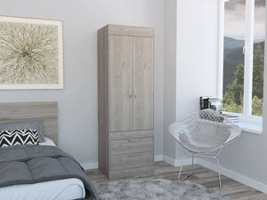 English Elm Lisboa armoire with rod and two roomy drawers, double-door storage cabinet with sleek metal pulls and modern flair Light Gray 74 L x 23 W x 4 H B200P242410