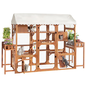 English Elm Large Pine Wood Catio Outdoor Cat Enclosure with Wire Mesh and Dual Plant Stands Brown N704G201617P